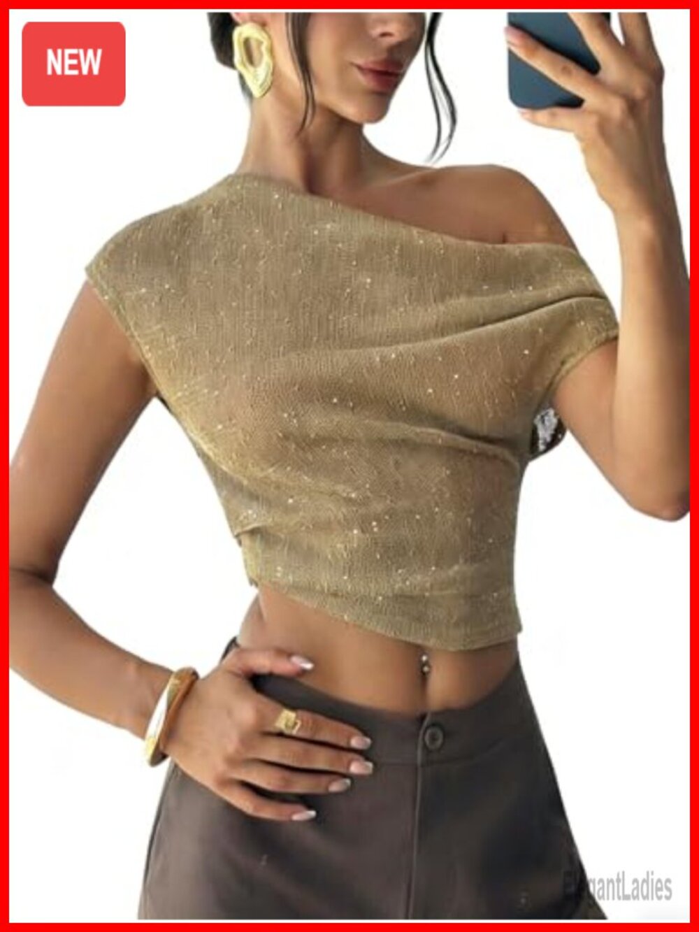 Women's Sequin Off Shoulder Crop Top Asymmetric Slim Fit